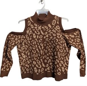Pamela Mccoy Sweater 1X Cold Shoulder brown animal print NEW W-368